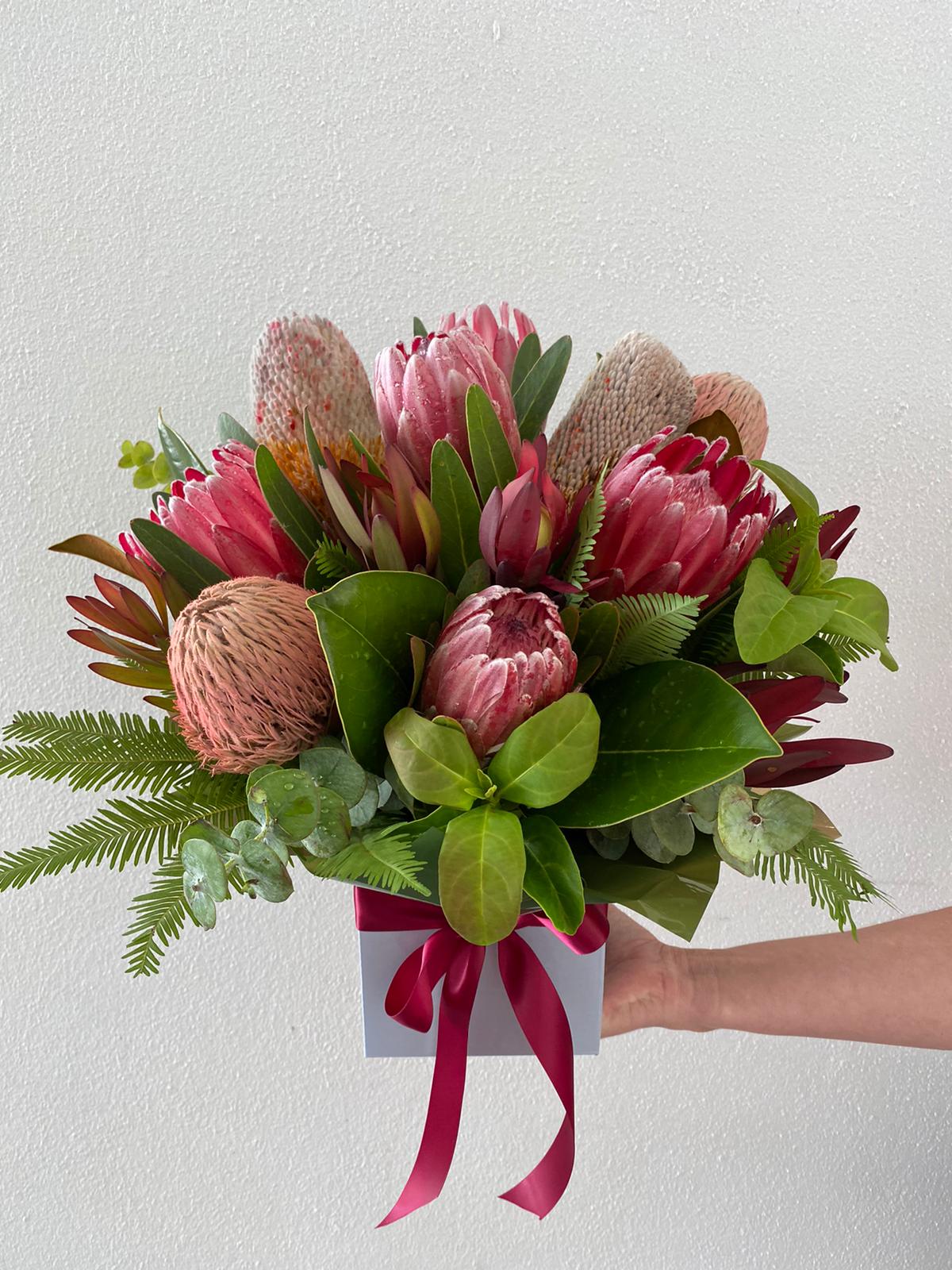 Native Box-A box arrangement of Australian mixed natives with a variety of greenery and flowers